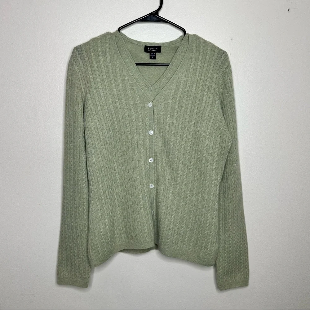 Forte‎ Cashmere 2pc Light Green V-Neck Cable Knit Cardigan and Tank Set sz Large
